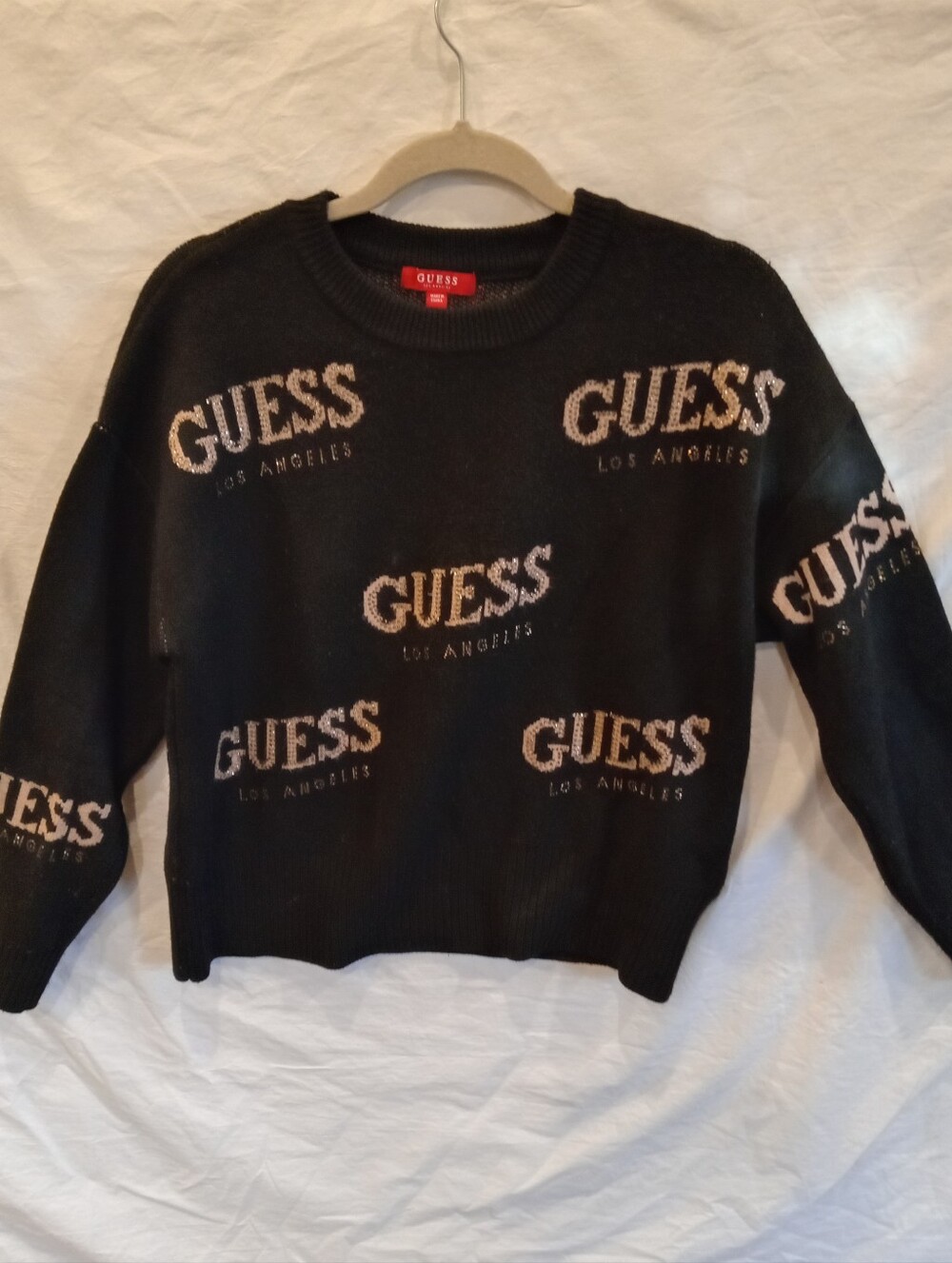 GUESS Los Angeles All-Over Logo Crewneck Knit Pullover Sweater - Black / Gold